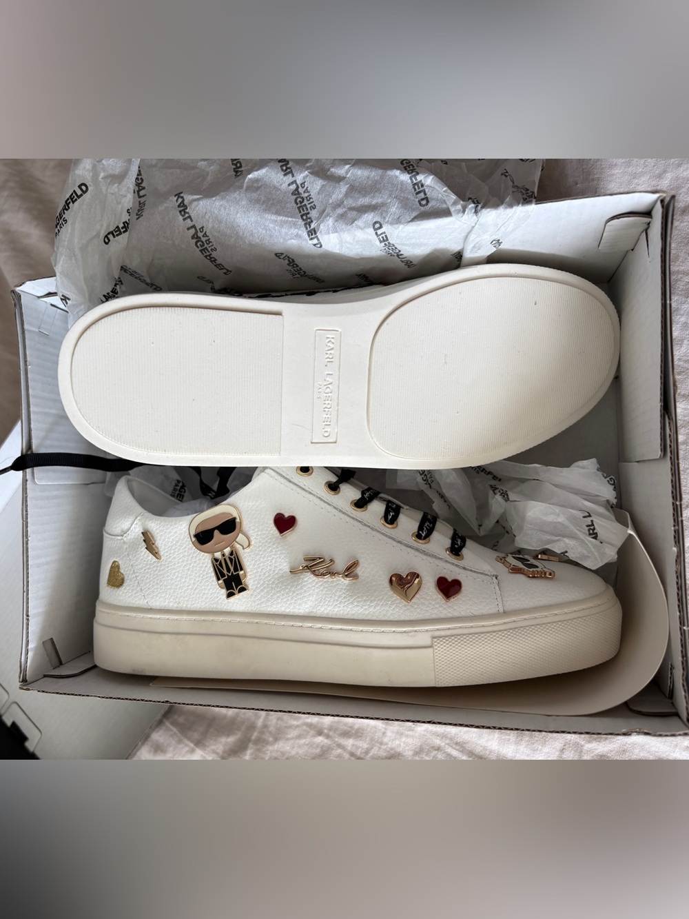 Karl Lagerfeld Paris Cate Leather Sneakers with Gold Cat and Heart Charms